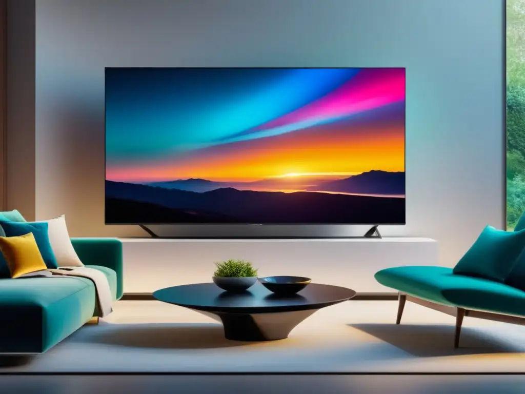Sala de estar moderna con TV 8K Beneficios de la fibra óptica en señales HD: sala moderna con TV 8K, colores vibrantes y detalles nítidos