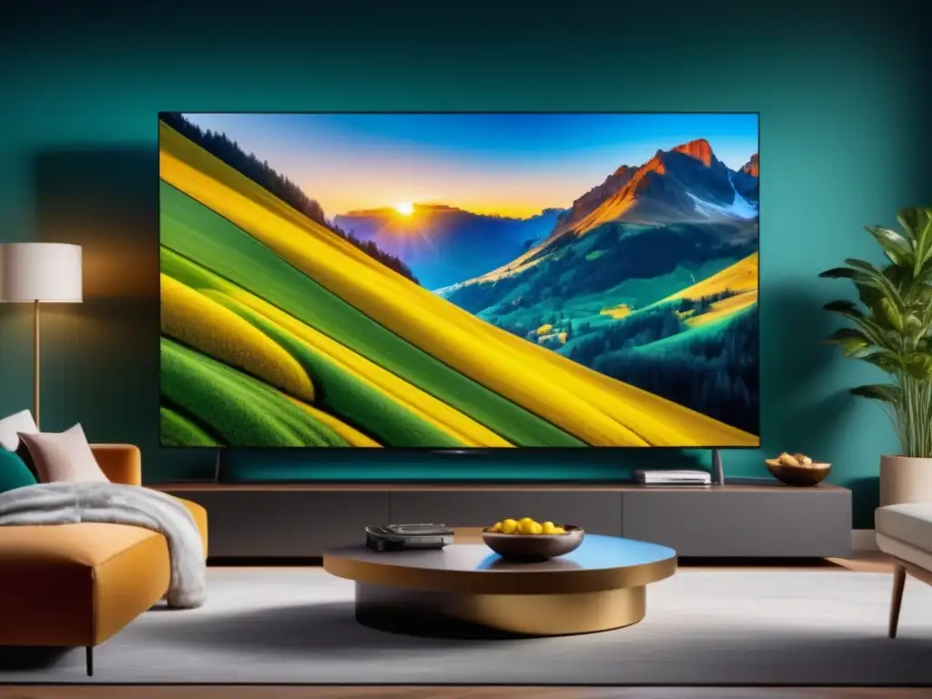 Sala moderna con TV 8K, colores vibrantes y beneficios de la fibra óptica en TV digital