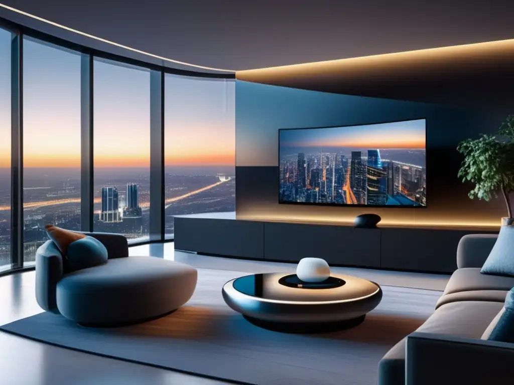 Smart home moderno y elegante con vistas urbanas y tecnología avanzada