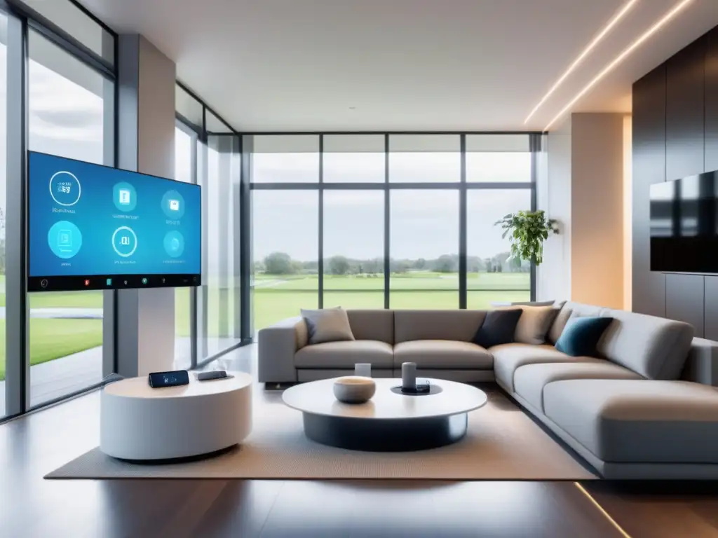 Smart home moderno con dispositivos IoT conectados por fibra óptica