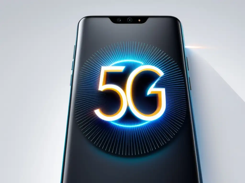 Beneficios de la fibra óptica en redes 5G: Smartphone minimalista 8K con símbolo 5G, velocidad y conectividad futuristas