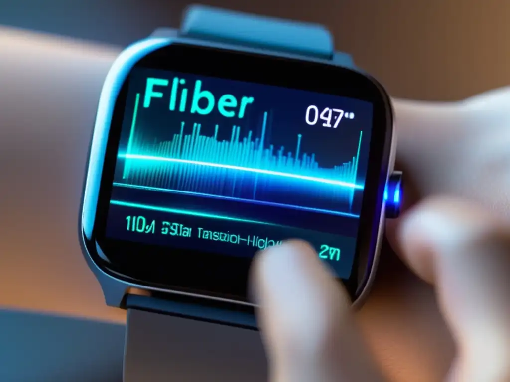 Beneficios de la fibra óptica en wearables: un reloj inteligente futurista y elegante muestra la transmisión rápida de datos a través de fibras ópticas