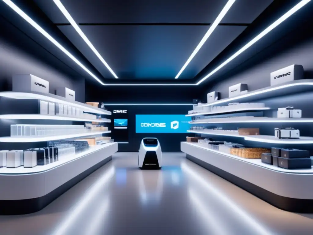 Tienda futurista con robots y drones Retail futurista con robots AI, drones y fibra óptica: innovación y experiencia del cliente