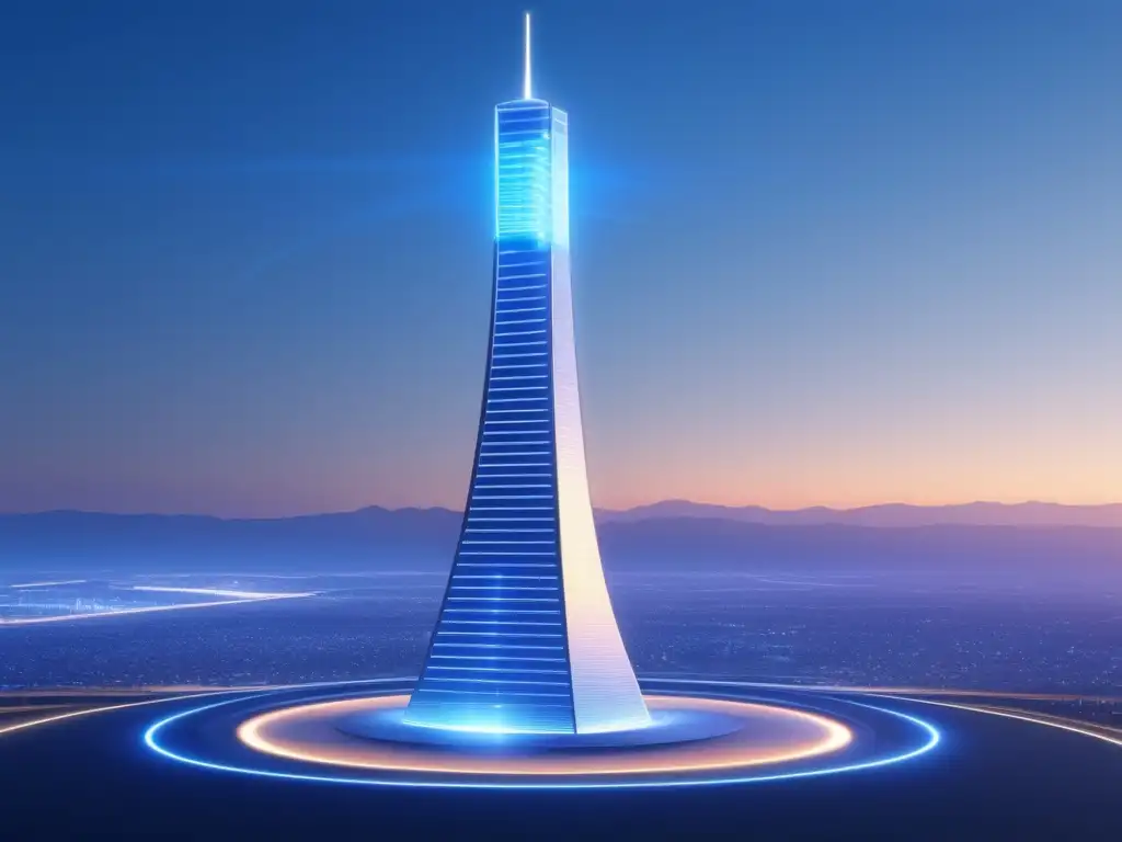 Torre futurista de comunicación con fibra óptica Importancia económica de la fibra óptica: Torre futurista y minimalista, con red de fibras ópticas y datos flotando