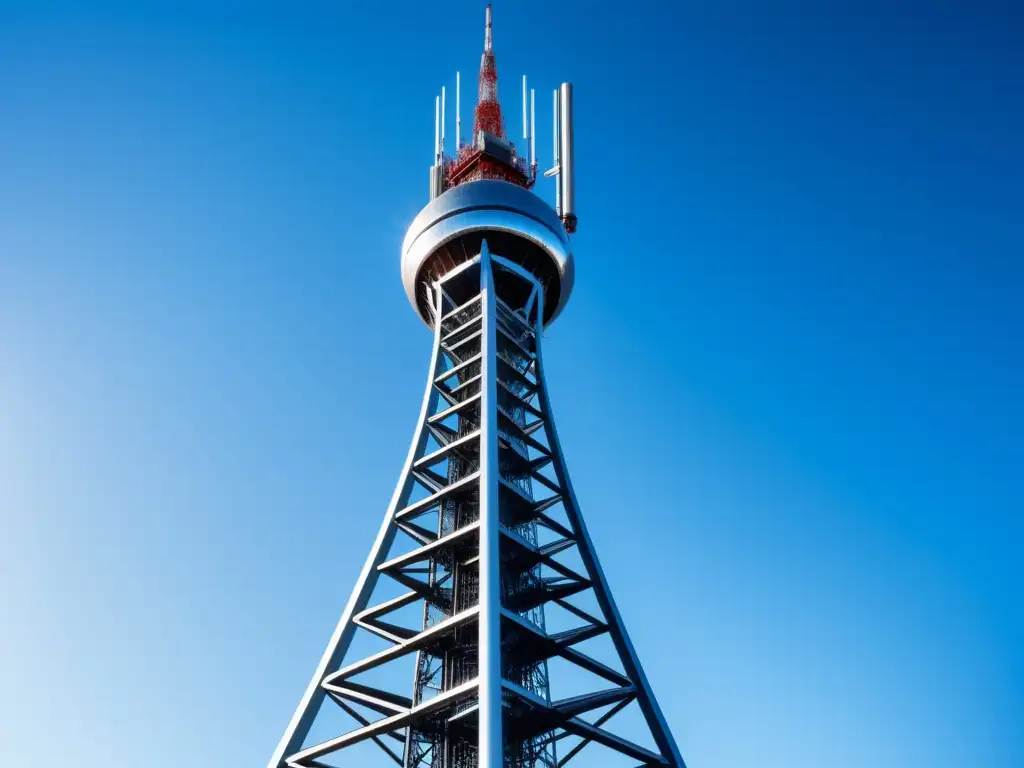 Torre de telecomunicaciones moderna y futurista con ventajas de la transmisión con fibra óptica