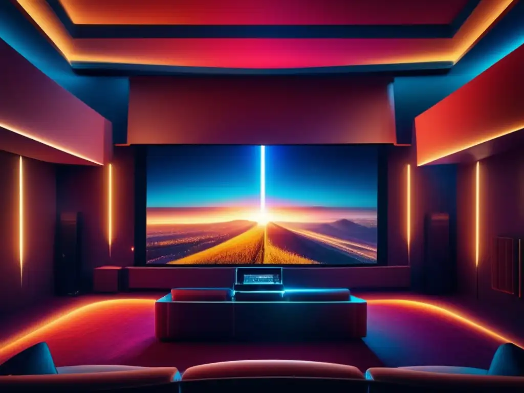 Impacto de la fibra óptica en el cine: proyector moderno emite vibrante luz HD en pantalla gigante, creando experiencia cinematográfica inmersiva