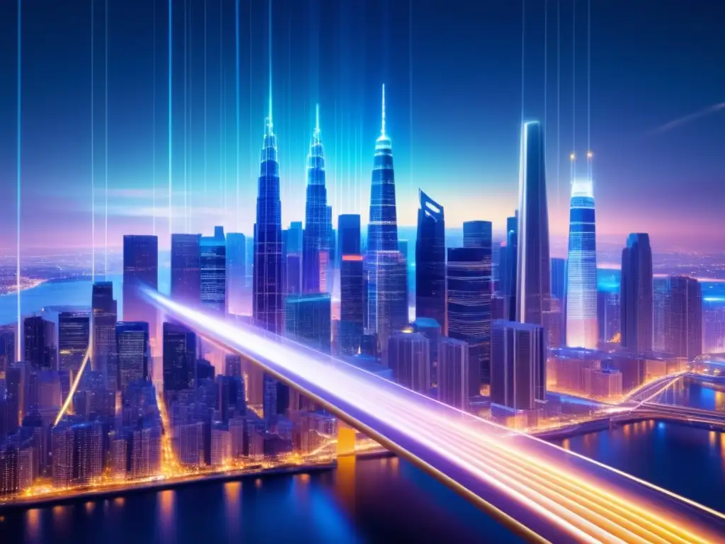 Impacto global de la fibra óptica: ciudad futurista con interconexión de cables lumínicos, simbolizando flujo de información innovador