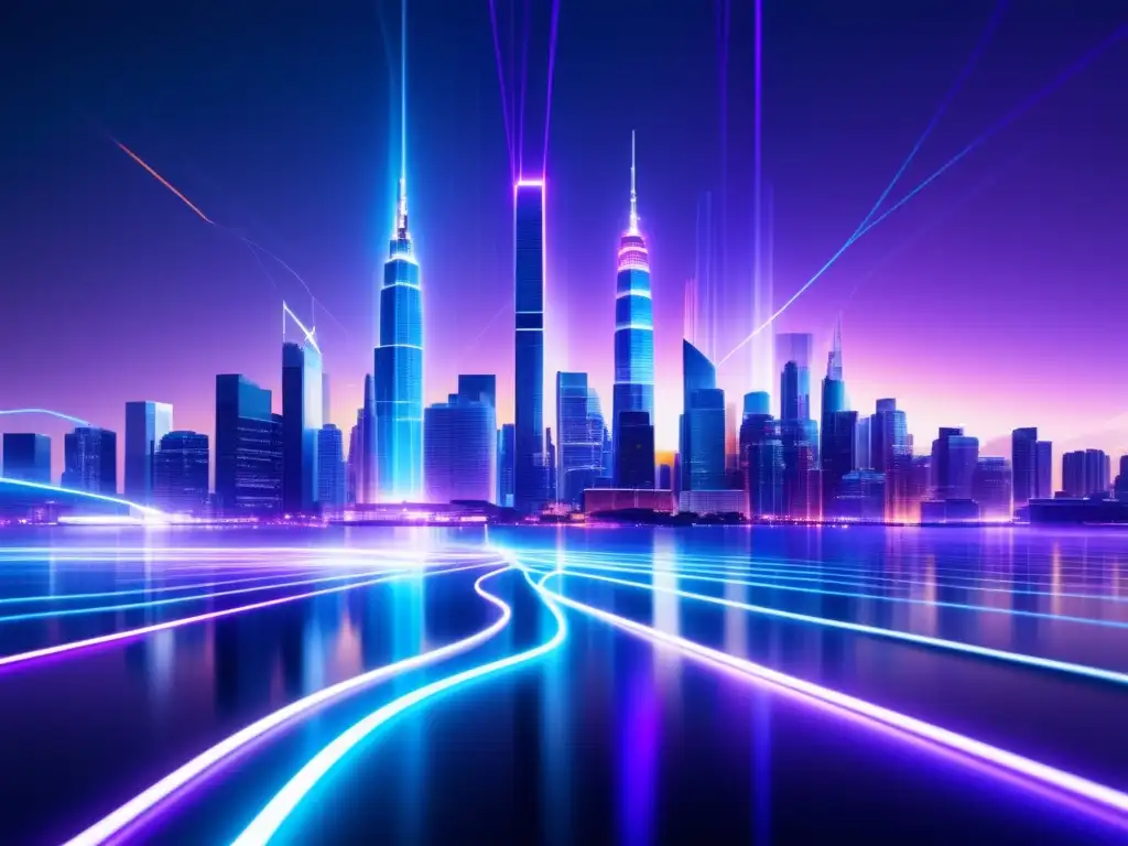 Impacto de la tecnología de fibra óptica en el mundo: imagen 8k detallada con una ciudad futurista conectada por cables de fibra óptica iluminados