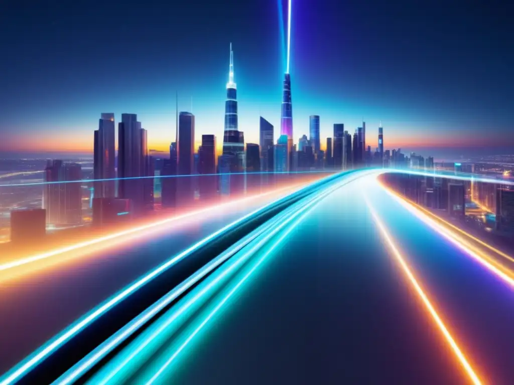 Beneficios de la fibra óptica en la transparencia: cable de fibra óptica en una ciudad futurista, símbolo de progreso y conectividad