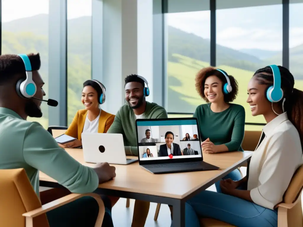 Estudiantes diversos en videoconferencia de alta calidad - Ventajas educativas de la fibra óptica